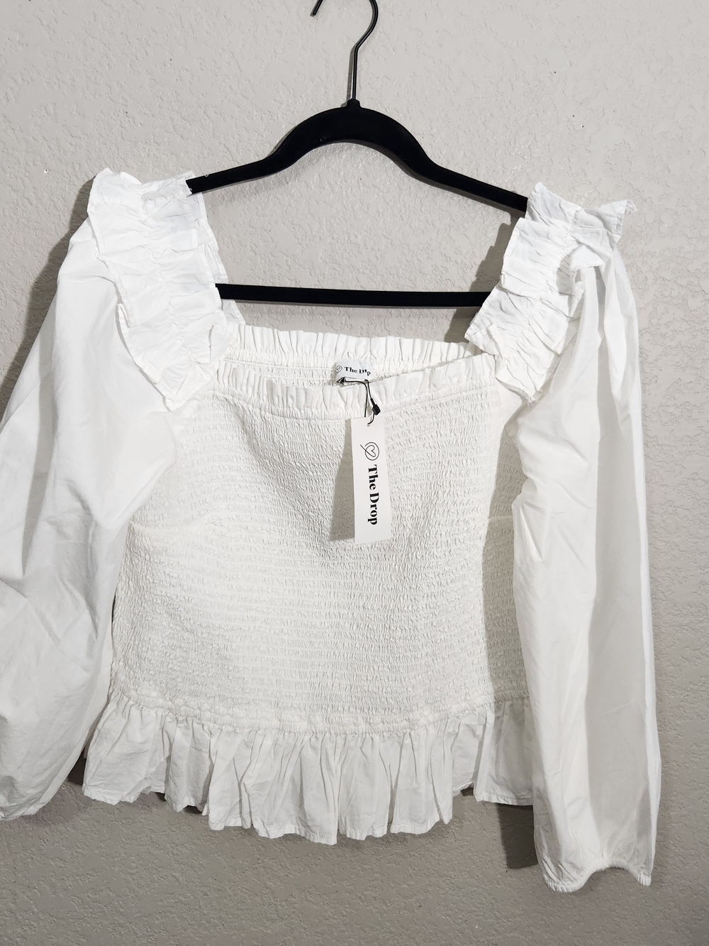 The Drop White Smocked Ruffle Peasant Blouse
